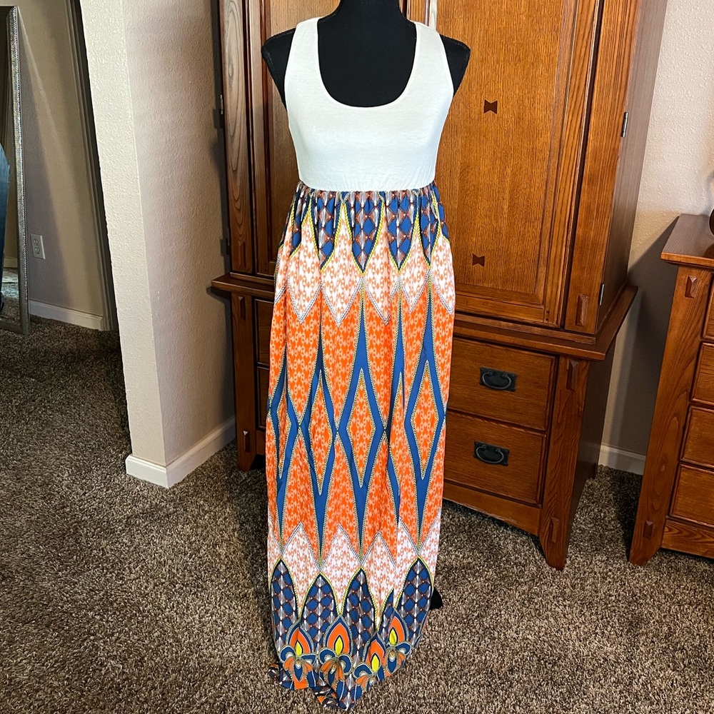 Love, Zoe Orange & Blue Printed Maxi Dress